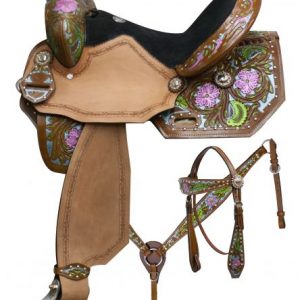 Double T  barrel style saddle set with metallic painted floral tooling