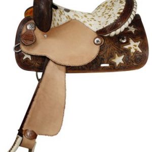 Double T Barrel Style Saddle with Hair On Cowhide Seat and Star Inlays