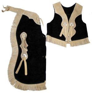 Youth two tone suede leather chap and vest outfit with fringe